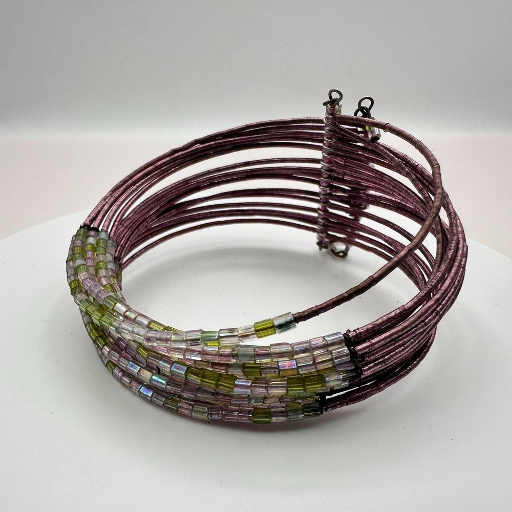 Vintage Y2K Multi-Strand Memory Wire Cuff Bracelet Beaded Boho Statement Jewelry
